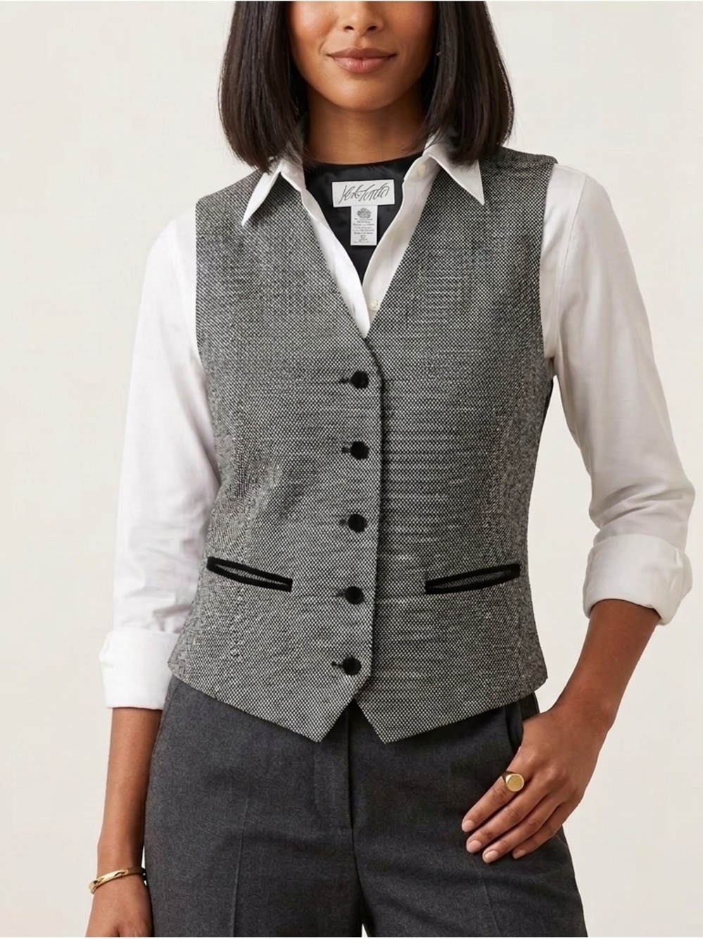 VTG Valerie Stevens Pure Wool Herringbone Vest Gray Velvet Trim Sz 14